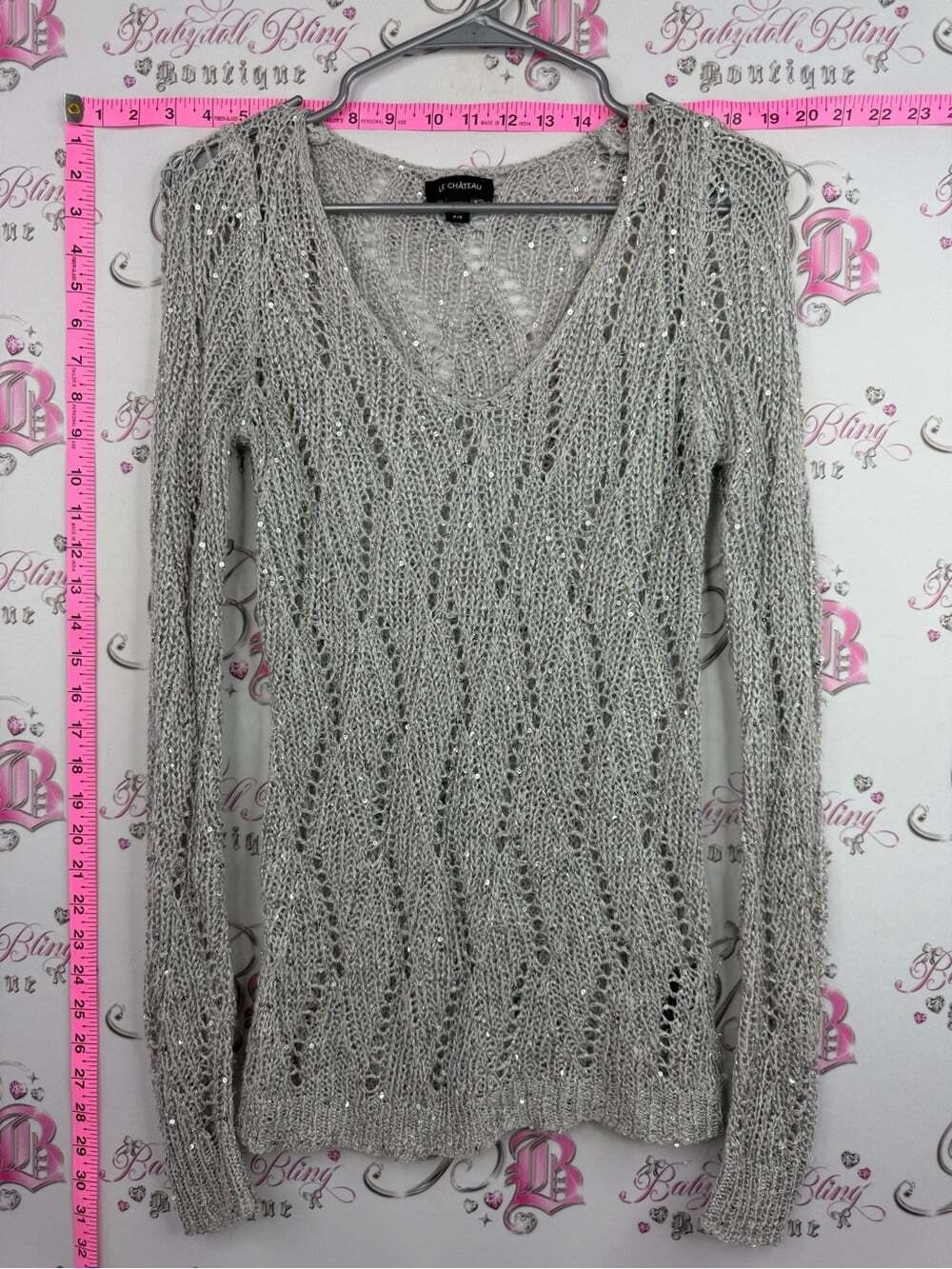 le chateau Silver Open-Knit V-Neck Sweater